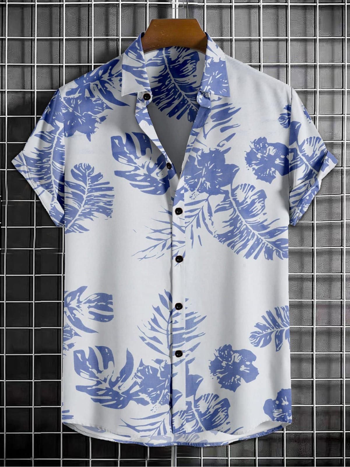 Men's Printed Half Sleeves Regular Collar Casual Shirt White & NavyBlue aciwx1-0u