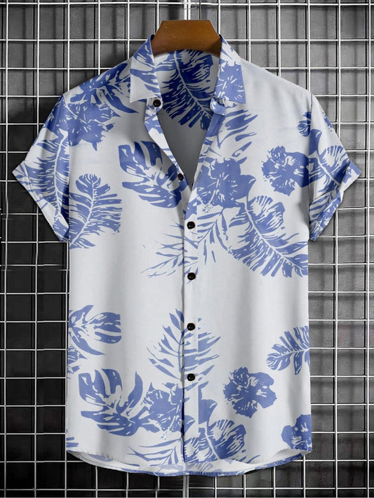 Men's Printed Half Sleeves Regular Collar Casual Shirt White & NavyBlue aciwx1-0u