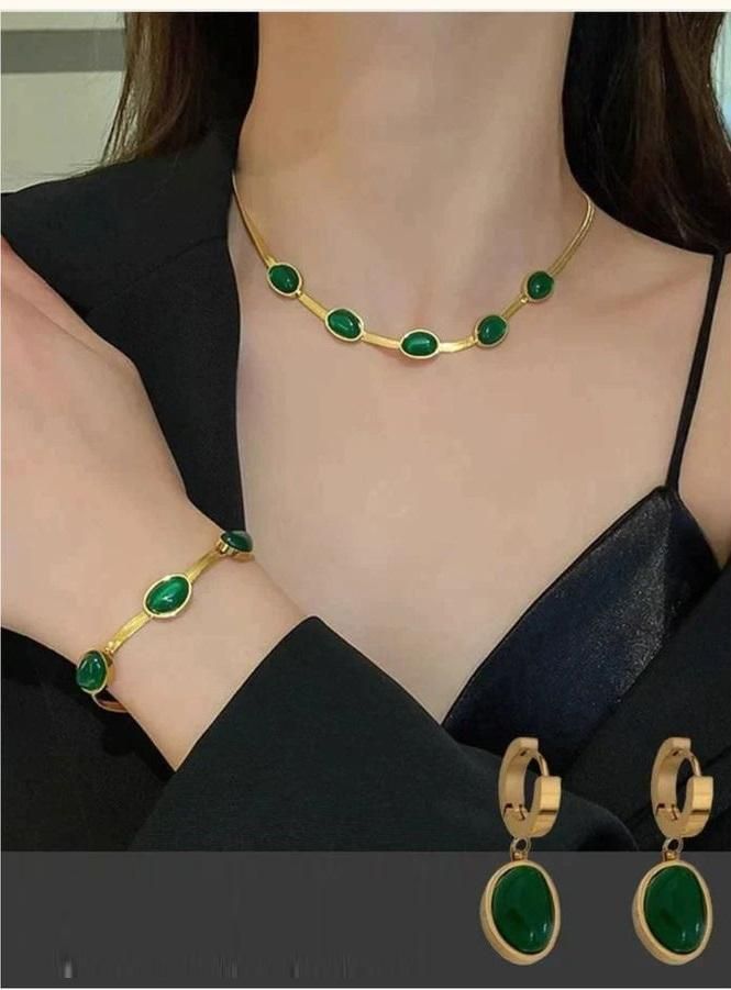 Oval Green Crystal Pendant Necklace Set With Bracelet aciwx1-0u